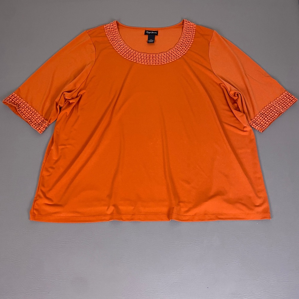 Maggie Barnes Tunic Blouse Women's 2X Orange Crochet Trim Short Sleeve *Flaw*